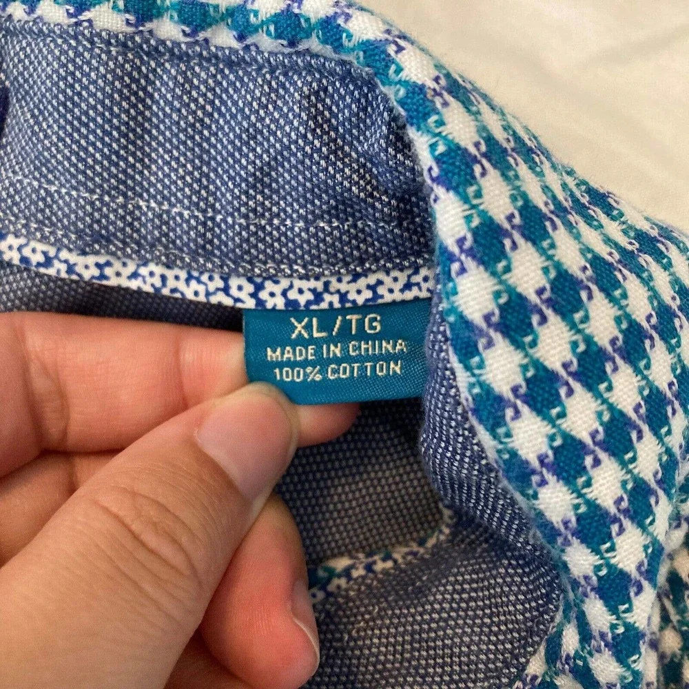 Tommy Bahama Shirt Mens Sz‎ XL Blue White Woven Cotton Button Up Pocket